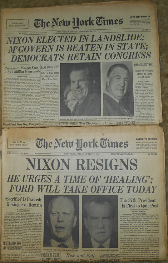 New York Times headlines of Nixon winning 1972 election, and resigning in 1974.