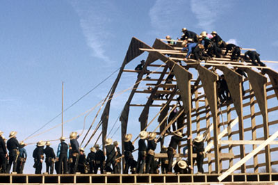 An Amish barn raising.